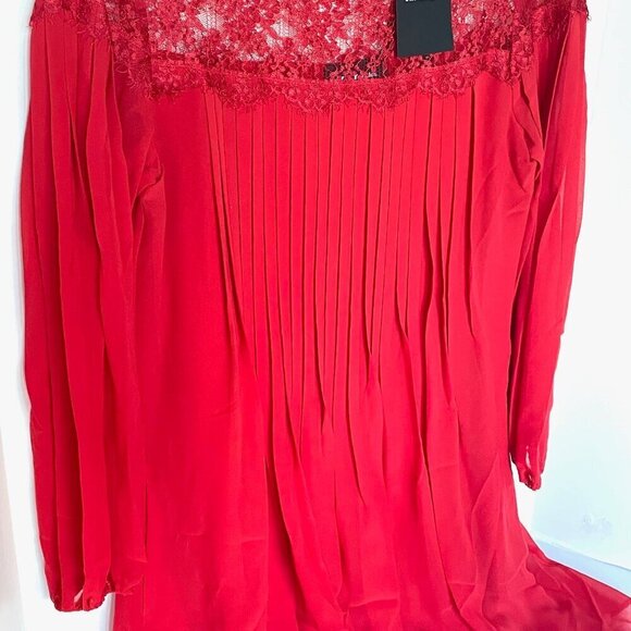 The Kooples Red Lace Chiffon Shift Dress Medium Red Long Sleeve Pleated Mini - Picture 6 of 9